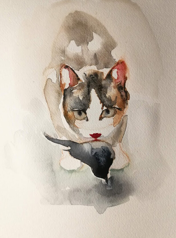 Malování akvarelem a obraz kočky